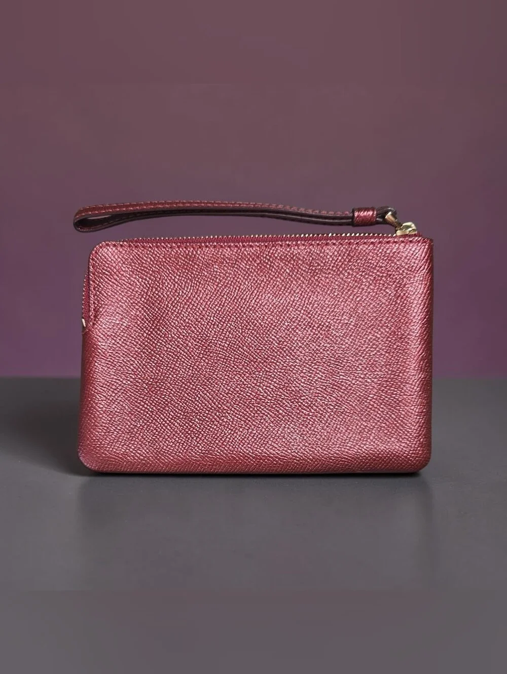 Coach Metallic Burgundy Leather Wristlet with Gold Logo